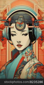 Illustration of a Japanese woman and art deco, created as a generative artwork using AI.