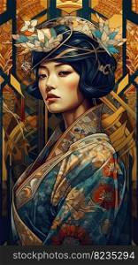 Illustration of a Japanese woman and art deco, created as a generative artwork using AI.