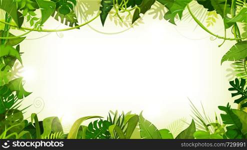 Illustration of a jungle landscape background, with ornaments made with leaves and foliage of tropical plants and trees. Jungle Tropical Landscape Wide Background