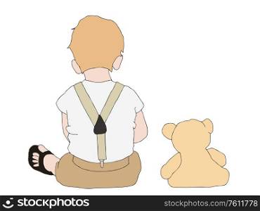 Illustration of a little child and teddy bear toy siiting together over white background