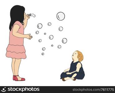 Illustration of a little girl and a baby playing with bubble soap over white background