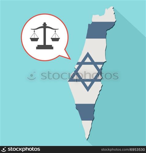 Illustration of a long shadow Israel map with its flag and a comic balloon with a justice weight scale sign