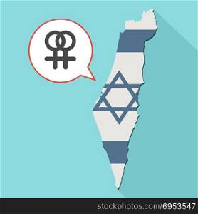 Illustration of a long shadow Israel map with its flag and a comic balloon with an interlaced female and female sexual signs - lesbian sign