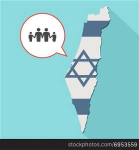 Illustration of a long shadow Israel map with its flag and a comic balloon with a gay parents family pictogram