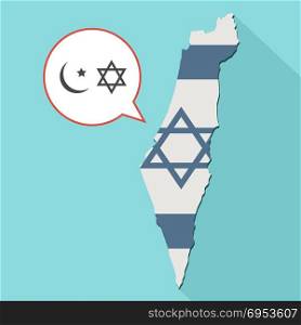 Illustration of a long shadow Israel map with its flag and a comic balloon with islam and judaism religions symbols