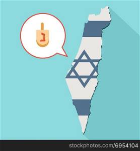 Illustration of a long shadow Israel map with its flag and a comic balloon with a dreidel icon