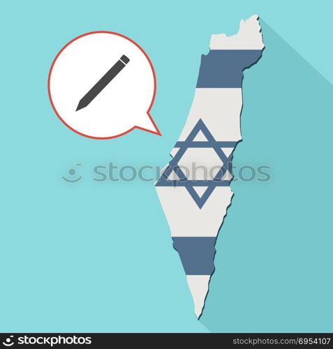 Illustration of a long shadow Israel map with its flag and a comic balloon with a pencil