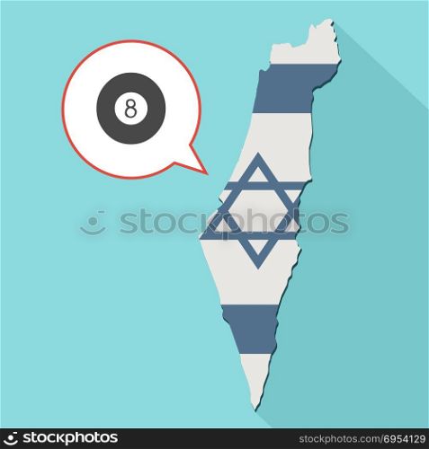 Illustration of a long shadow Israel map with its flag and a comic balloon with a eight pool ballball