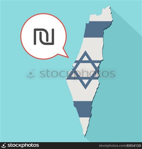 Illustration of a long shadow Israel map with its flag and a comic balloon with a israeli new shekel sign