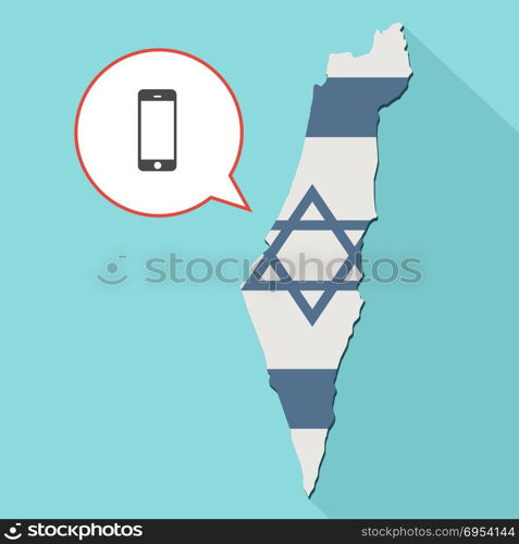Illustration of a long shadow Israel map with its flag and a comic balloon with smartphone