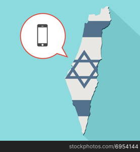 Illustration of a long shadow Israel map with its flag and a comic balloon with smartphone