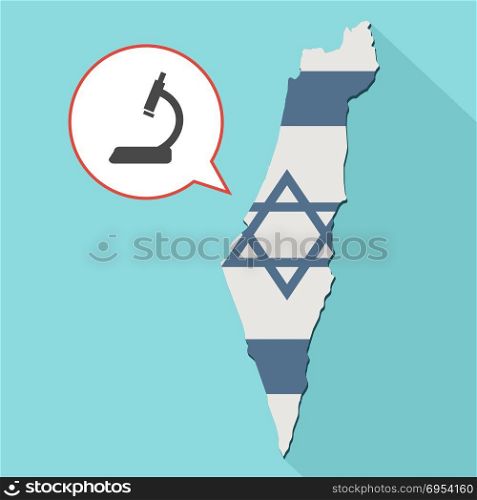 Illustration of a long shadow Israel map with its flag and a comic balloon with a microscope icon