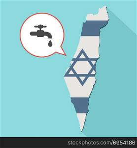 Illustration of a long shadow Israel map with its flag and a comic balloon with a faucet