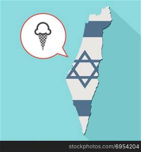 Illustration of a long shadow Israel map with its flag and a comic balloon with a ice cream cone