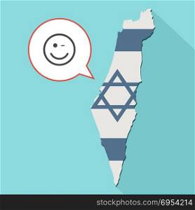 Illustration of a long shadow Israel map with its flag and a comic balloon with wink emoji face