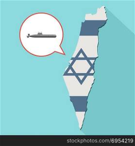 Illustration of a long shadow Israel map with its flag and a comic balloon with a military submarine