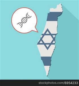 Illustration of a long shadow Israel map with its flag and a comic balloon with a DNA sign