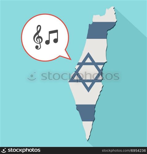 Illustration of a long shadow Israel map with its flag and a comic balloon with g clef and note music