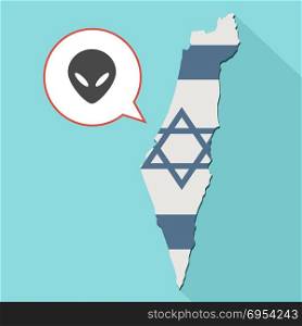 Illustration of a long shadow Israel map with its flag and a comic balloon with alien face