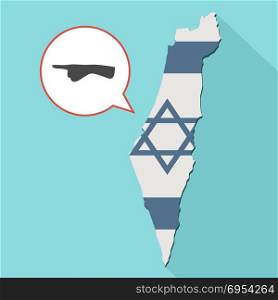 Illustration of a long shadow Israel map with its flag and a comic balloon with a pointing finger hand
