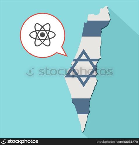 Illustration of a long shadow Israel map with its flag and a comic balloon with an atom