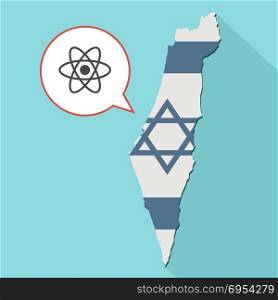 Illustration of a long shadow Israel map with its flag and a comic balloon with an atom