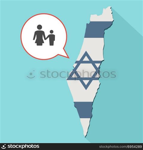 Illustration of a long shadow Israel map with its flag and a comic balloon with a female single parent family pictogram
