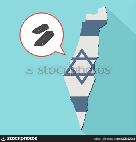 Illustration of a long shadow Israel map with its flag and a comic balloon with two gold bullions