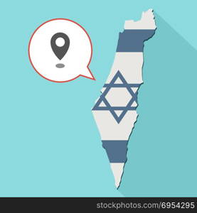 Illustration of a long shadow Israel map with its flag and a comic balloon with a map mark