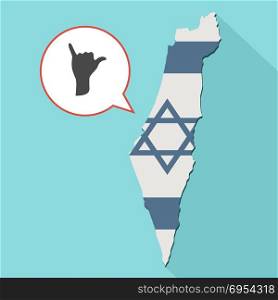 Illustration of a long shadow Israel map with its flag and a comic balloon with a Shaka hand sign
