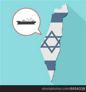 Illustration of a long shadow Israel map with its flag and a comic balloon with a cargo ship