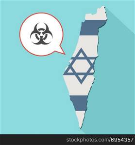 Illustration of a long shadow Israel map with its flag and a comic balloon with a biohazard sign