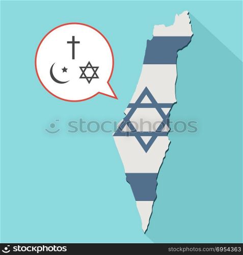 Illustration of a long shadow Israel map with its flag and a comic balloon with all three main monotheism religions