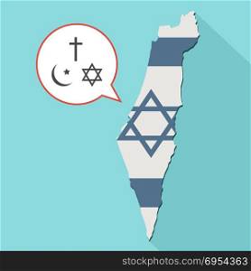 Illustration of a long shadow Israel map with its flag and a comic balloon with all three main monotheism religions