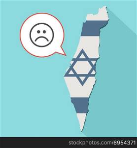Illustration of a long shadow Israel map with its flag and a comic balloon with sad emoji face
