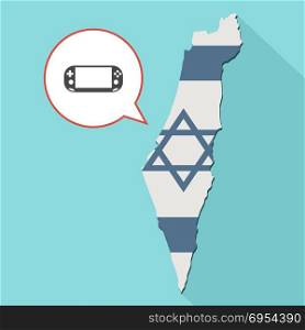 Illustration of a long shadow Israel map with its flag and a comic balloon with a PSP video game pad