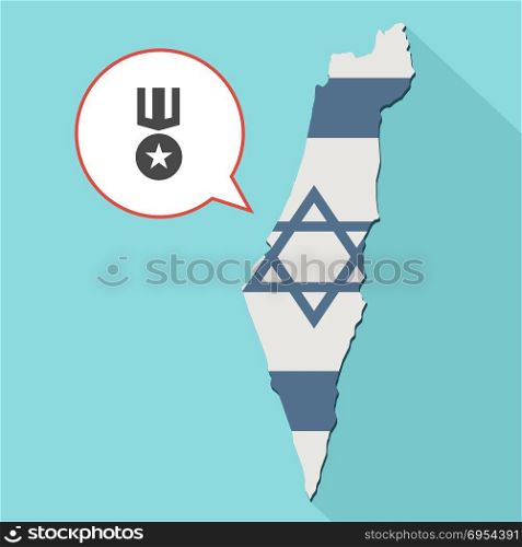 Illustration of a long shadow Israel map with its flag and a comic balloon with a medal