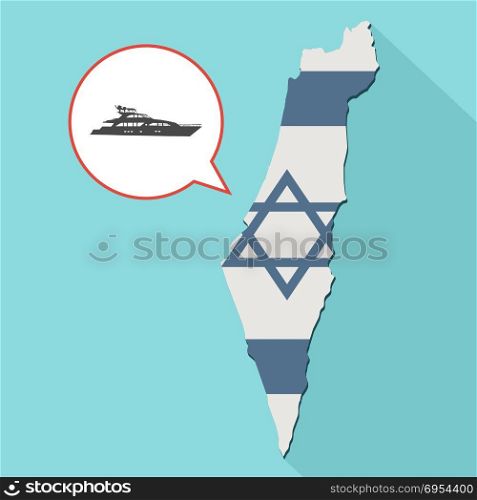 Illustration of a long shadow Israel map with its flag and a comic balloon with a yacht boat