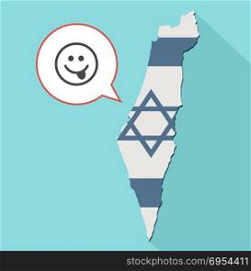 Illustration of a long shadow Israel map with its flag and a comic balloon with sticking out tongue emoji face