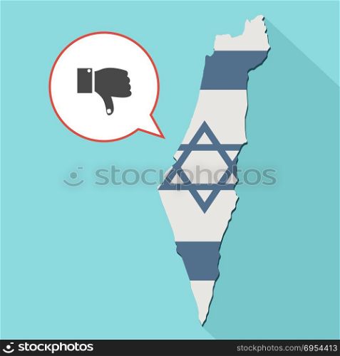 Illustration of a long shadow Israel map with its flag and a comic balloon with a thumb down hand - dislike