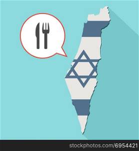 Illustration of a long shadow Israel map with its flag and a comic balloon with a cutlery