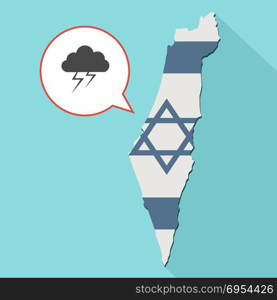 Illustration of a long shadow Israel map with its flag and a comic balloon with a stormy cloud