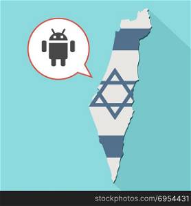 Illustration of a long shadow Israel map with its flag and a comic balloon with a android operating system symbol