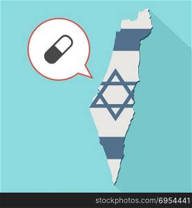 Illustration of a long shadow Israel map with its flag and a comic balloon with a pill