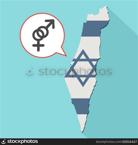 Illustration of a long shadow Israel map with its flag and a comic balloon with an interlaced female and male sexual signs
