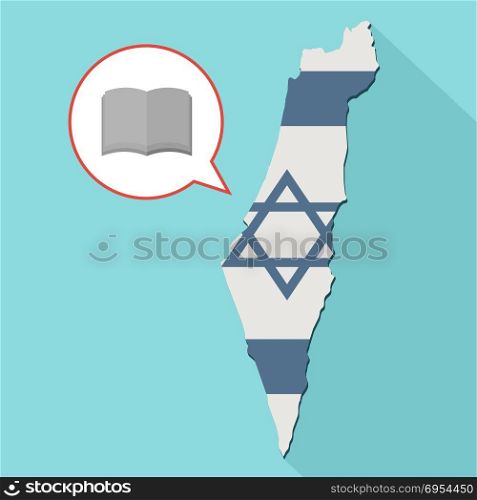 Illustration of a long shadow Israel map with its flag and a comic balloon with a open book