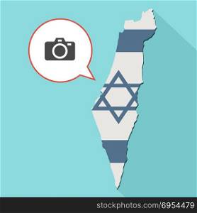 Illustration of a long shadow Israel map with its flag and a comic balloon with a photo camera