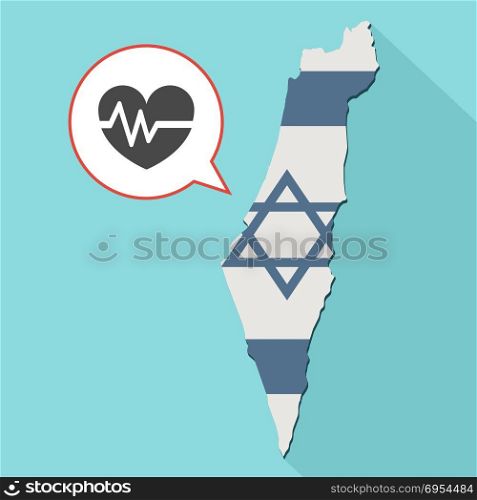 Illustration of a long shadow Israel map with its flag and a comic balloon with an heart and heartbeat sign. heart care concept.