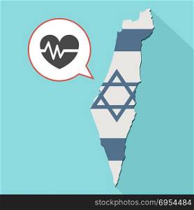 Illustration of a long shadow Israel map with its flag and a comic balloon with an heart and heartbeat sign. heart care concept.