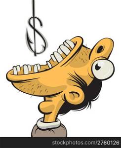 Illustration of a man with wide opened mouth trying to swallow a fishing hook which looks like a dollar sign